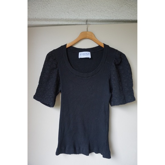 CLAUDIE PIERLOT Black Ribbed‎ Puff Sleeve Ruffled Eyelet T-shirt Top Size Small - Picture 2 of 6